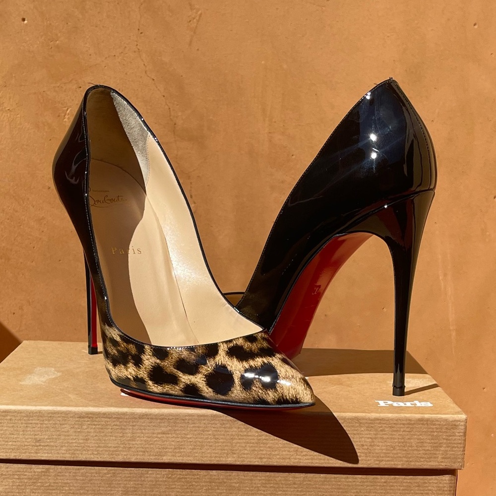 Christian Louboutin Black Patent & Leopard Print Pumps